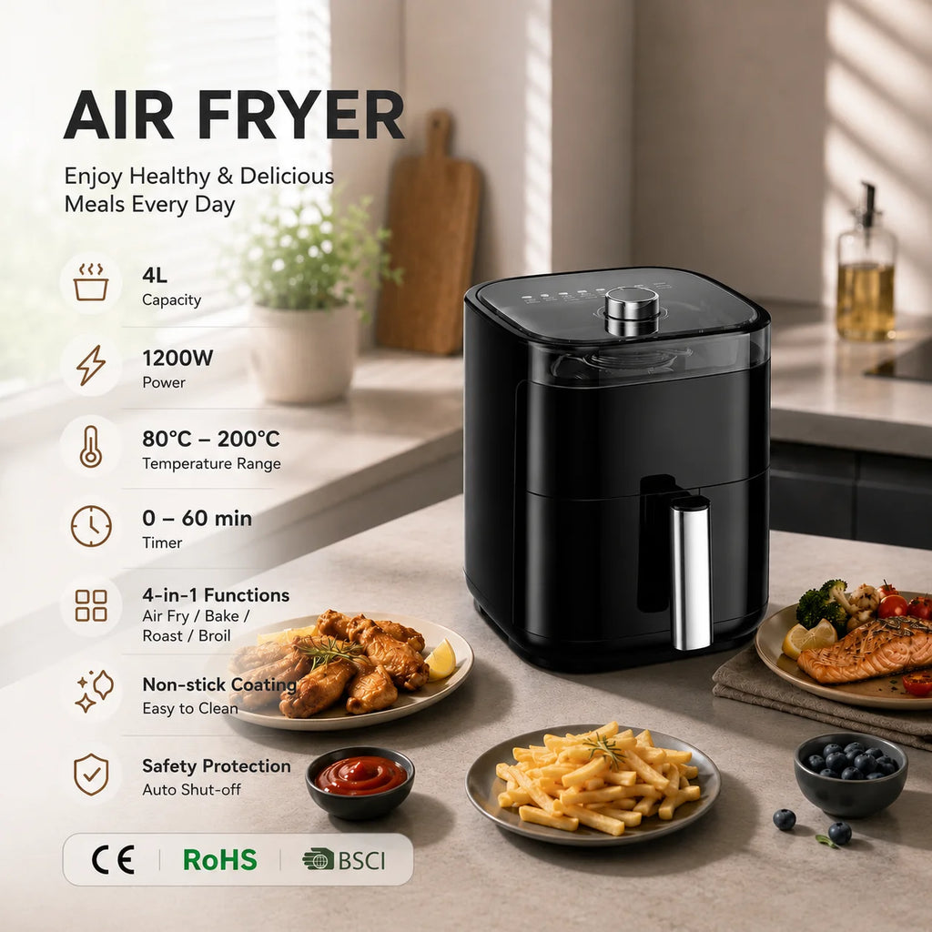 4L Heißluftfritteuse mit Sichtfenster, 1200W, 80% Weniger Öl, 4-in-1, Antihaftbeschichtet, Spülmaschinenfest, CE-Zertifiziert, Schwarz