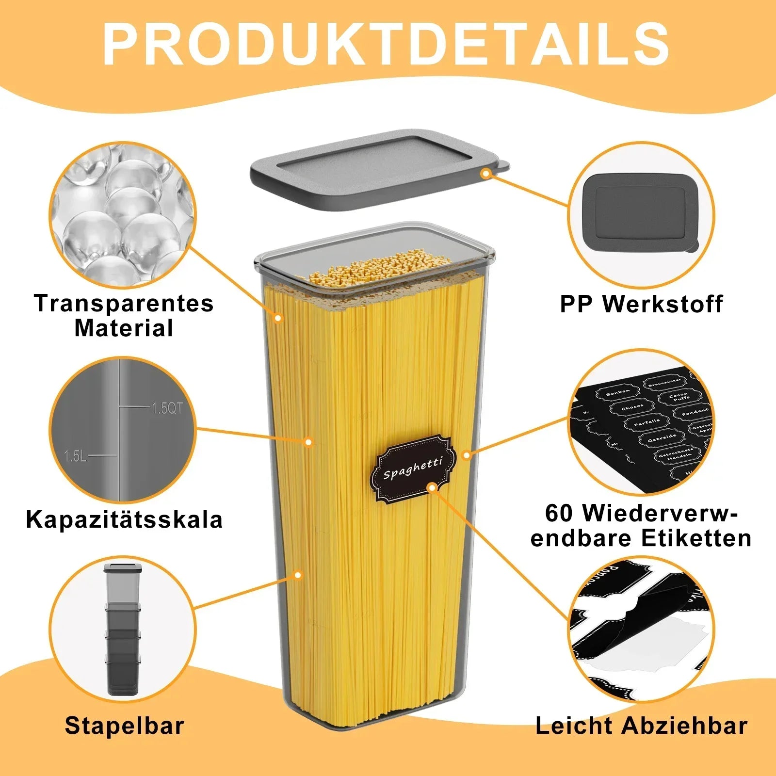 Set mit 32 luftdichten Lebensmittelbehältern mit Deckeln, BPA-freie Vorratskammer-Organizer aus Kunststoff, auslaufsichere Küchenbehälter für Müsli, Mehl, Gewürze und trockene Lebensmittel mit Etiketten