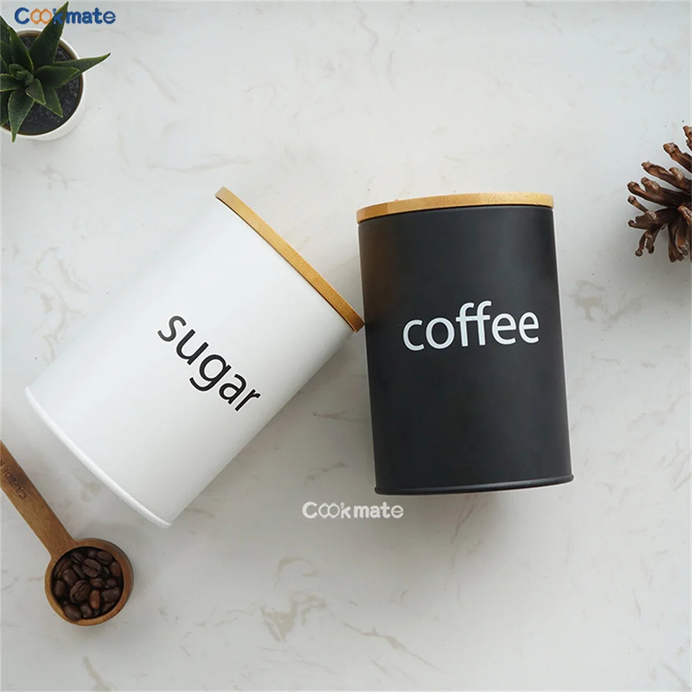 Set di Contenitori Ermetici in Metallo per Caffè, Tè e Zucchero con Coperchi in Bambù, 3 Barattoli per Piano di Lavoro
