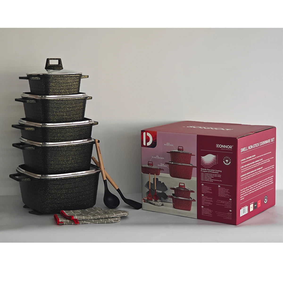 Donnor Set di pentole antiaderenti in granito ecologico quadrato in alluminio pressofuso per riscaldamento a induzione a gas per cucinare in casa