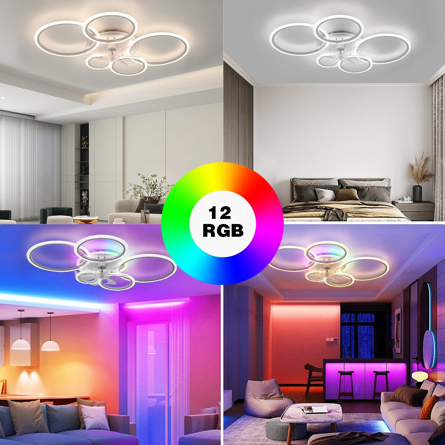 Ventilatore da soffitto a LED RGB con telecomando, lampada da soffitto con illuminazione RGB, plafoniera da 96 cm per camera da letto, soggiorno, ventilatore silenzioso