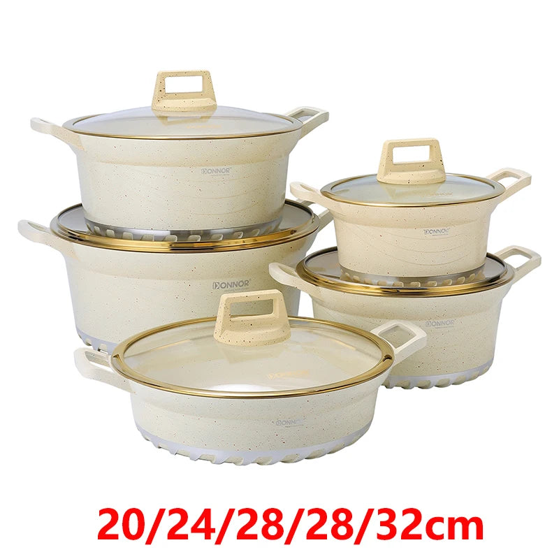 DONNOR 10PCS Set di Pentole a Induzione Lavabile in Lavastoviglie Pentole Antiaderenti con Coperchi in Vetro per Zuppa di Pasta Stufato JT528