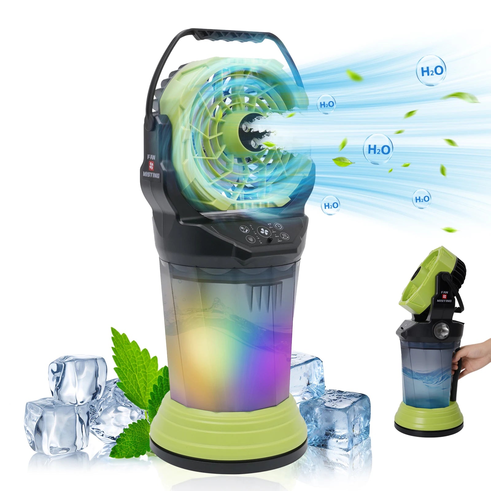 Ventilatore da campeggio per esterni da 15000 mAh con funzione spray, 4 velocità, luce LED e torcia, nero/arancione/verde