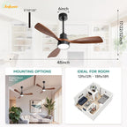 Ventilatore da soffitto in legno Sofucor da 48 pollici con luce e telecomando, motore DC silenzioso, 6 velocità, alta velocità del vento, per camera da letto e soggiorno