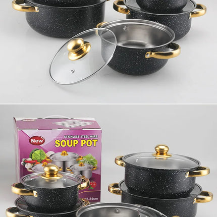 10-piece polka dot cookware set Stainless steel soup pots with gold handle and glass lid Durable household cooking pot set