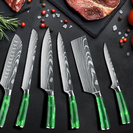 Set of 8 ZENG knives in sharp and durable stainless steel, with green resin handle, portable nylon bag, kitchen tools for home and gift