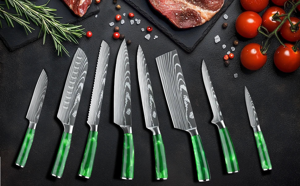 Set mit 8 scharfen und langlebigen ZENG Edelstahlmessern, mit grünem Harzgriff, tragbarer Nylontasche, Küchenutensilien für Zuhause und als Geschenk