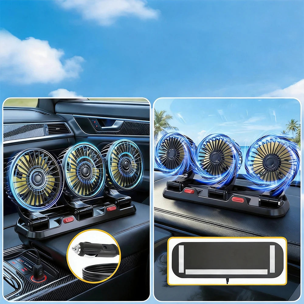 Ventilatore portatile per auto a 3 teste - 2 velocità regolabili, 360° °   Presa Accendisigari Girevole, Potente Flusso d'Aria per Veicoli, Camper e SUV