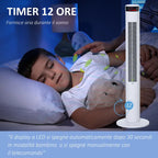 Ventilatore a colonna bianco con 3 velocità e 4 modalità di ventilazione, timer programmabile 12 ore, pannello di controllo LED e telecomando, oscillazione automatica per raffreddare uniformemente casa e ufficio 31,5 x 31,5