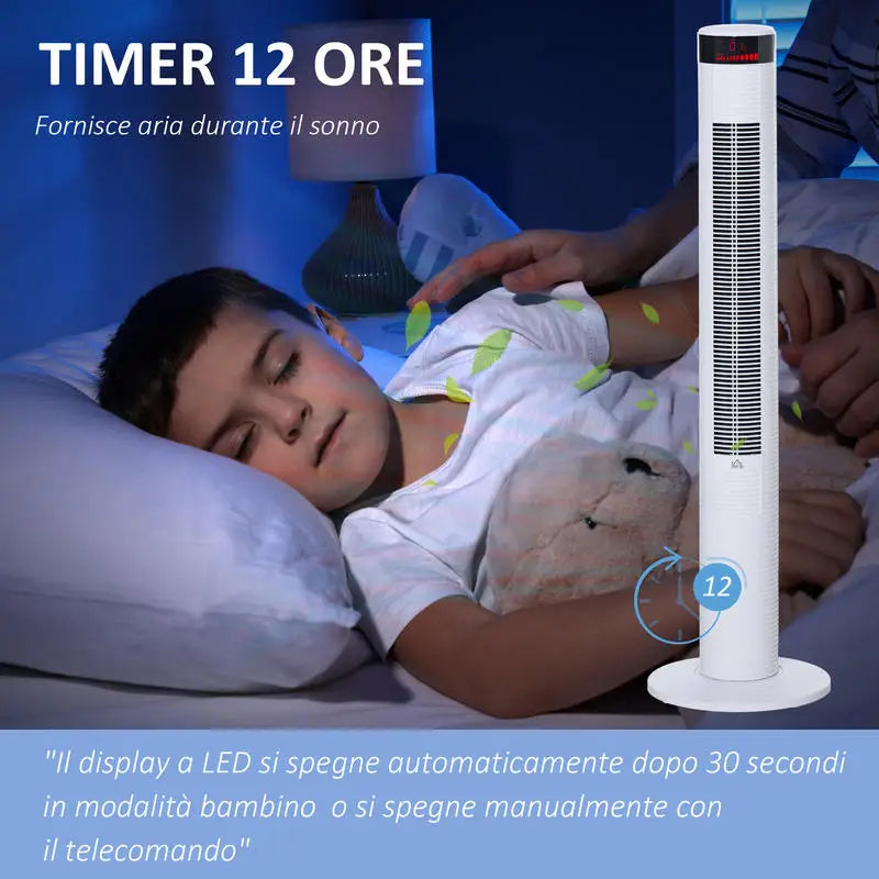 Ventilatore a colonna bianco con 3 velocità e 4 modalità di ventilazione, timer programmabile 12 ore, pannello di controllo LED e telecomando, oscillazione automatica per raffreddare uniformemente casa e ufficio 31,5 x 31,5