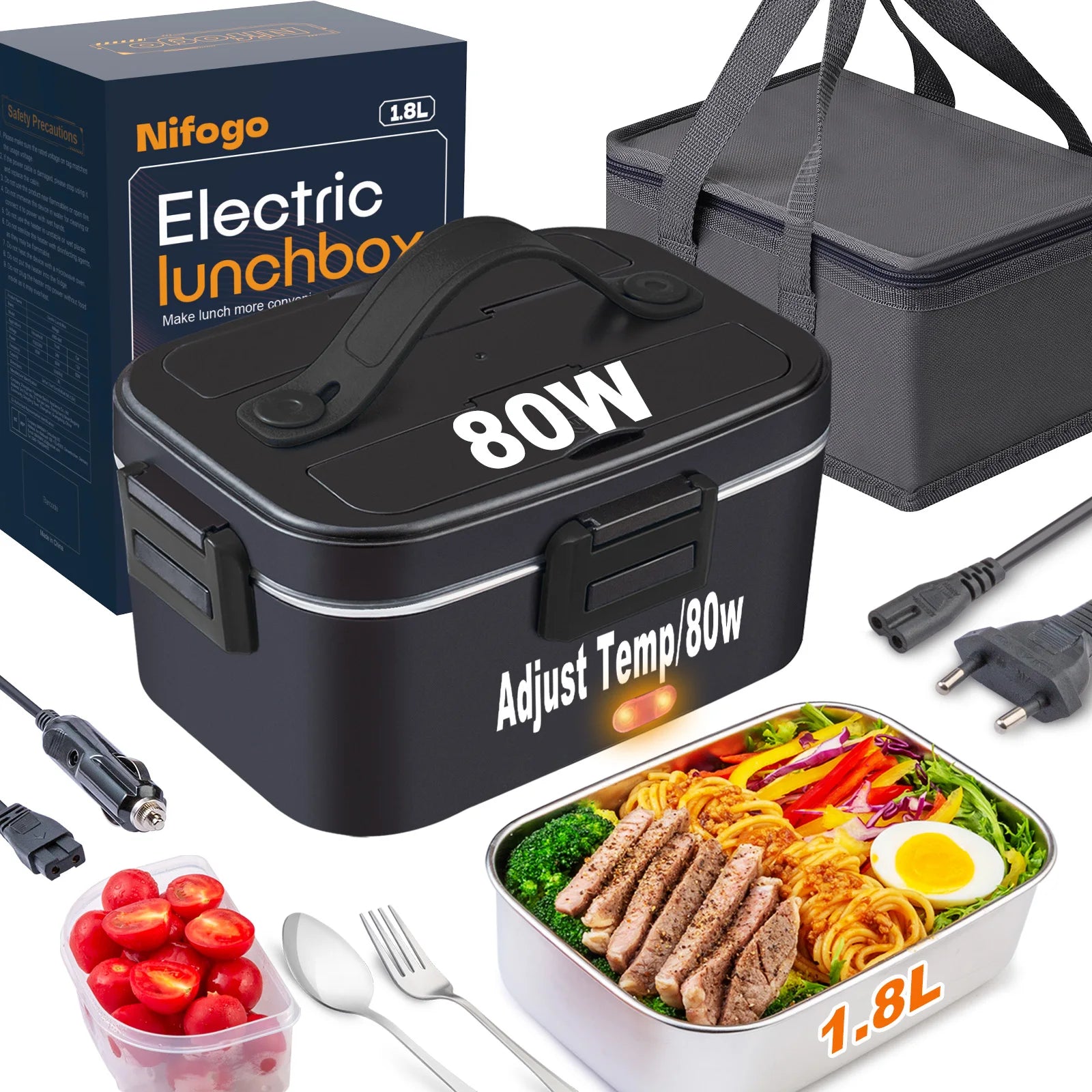 2,5L Elektrischer Tragbarer Speisenwärmer, 80W, Dual-Use 12V Auto und 220V Zuhause, Auslaufsicherer Edelstahl-Thermobehälter mit Isoliertasche und Komplettem Zubehör