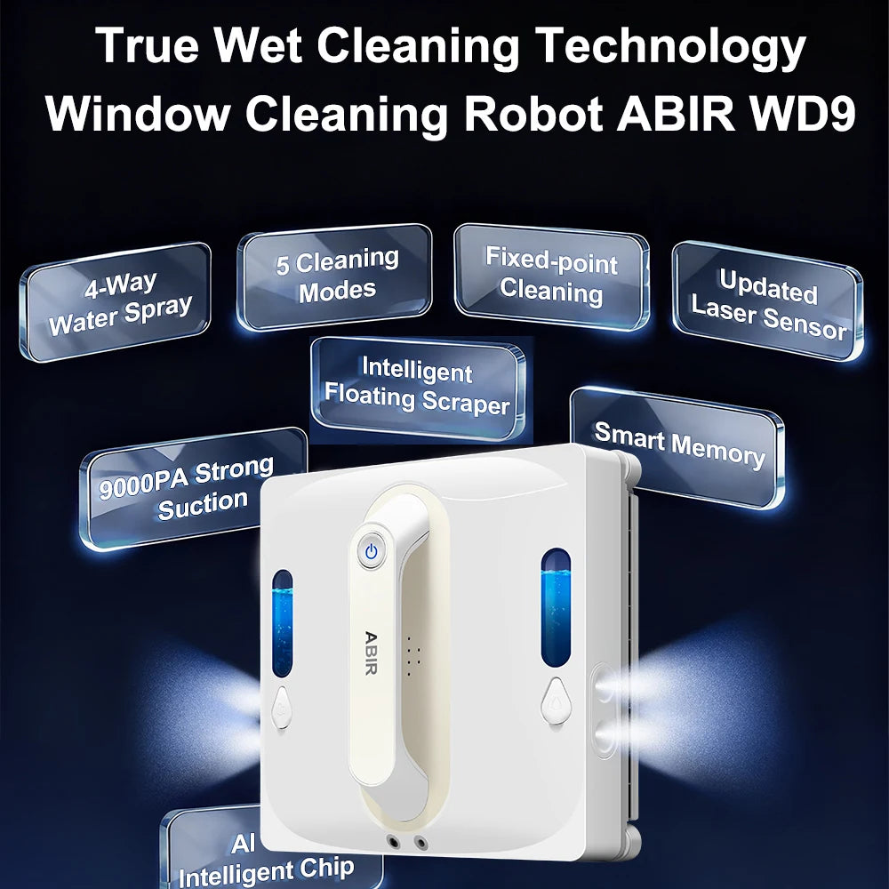 ABIR WD9 Fensterputzroboter, 4-Wege-Wasserspray, schwebende Wischtechnologie, Lasersensor, 9000PA Saugkraft, intelligenter Speicher