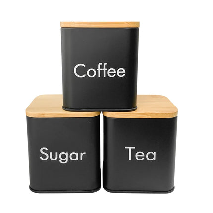 Metal Airtight Container Set for Coffee, Tea, and Sugar with Bamboo Lids, 3 Countertop Jars