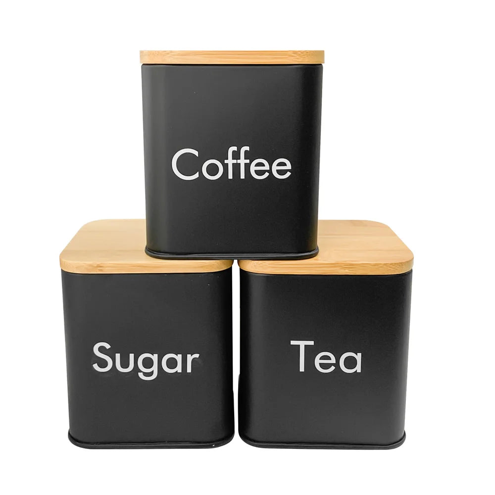 Set di Contenitori Ermetici in Metallo per Caffè, Tè e Zucchero con Coperchi in Bambù, 3 Barattoli per Piano di Lavoro
