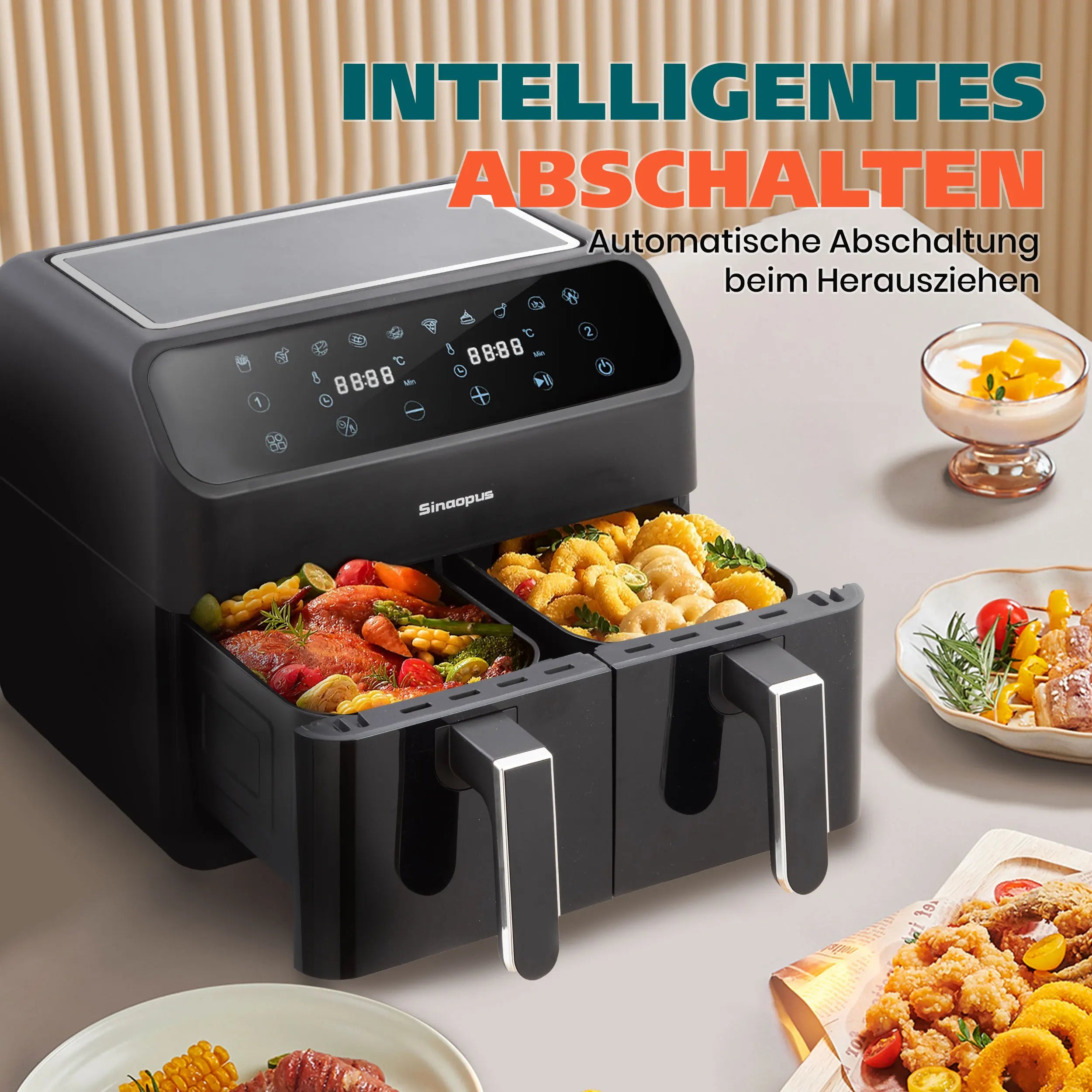 Sinaopus Friggitrice ad aria calda 2000W 9L XXL con doppio scomparto, timer, touchscreen LED, forno elettrico senza olio, formato famiglia