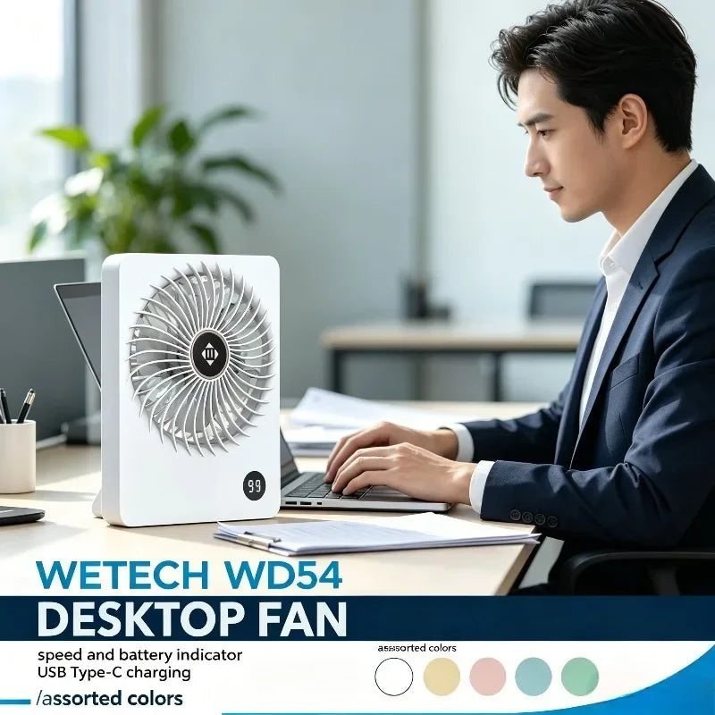 Ventilatore USB Portatile WETECH, Ventilatore da Tavolo Ricaricabile a 3/5 Velocità, Raffreddatore Personale Silenzioso per Casa, Ufficio e Uso Esterno