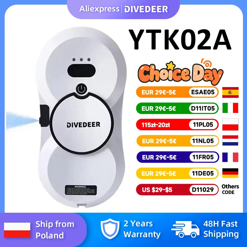 DIVEDEER Fensterputzroboter mit intelligentem Wasserspray, elektrischer Glasreiniger mit hoher Saugkraft, doppelseitiger Glasstaubsauger