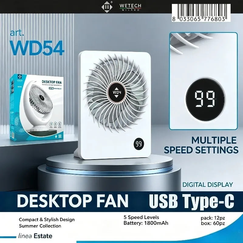 WETECH Ventilatore da Scrivania Portatile, Ricaricabile USB a 5 Velocità, Mini Ventilatore Personale Silenzioso per Camera da Letto e Viaggi