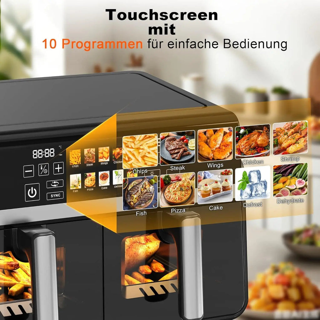 Doppelkorb-Heißluftfritteuse 5+5L, intelligenter Touchscreen, Sichtfenster und einstellbare Bedienelemente, 2200W