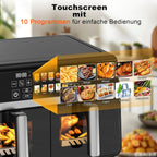 Doppelkorb-Heißluftfritteuse 5+5L, intelligenter Touchscreen, Sichtfenster und einstellbare Bedienelemente, 2200W
