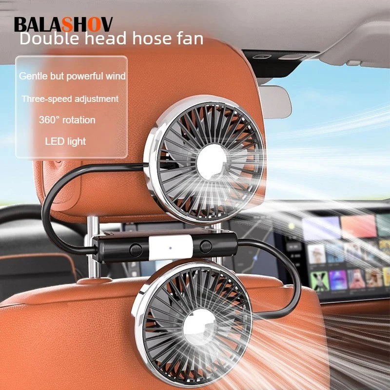 Ventilatore portatile USB a doppia testa regolabile con interruttore indipendente, 3 velocità 360° °   Ventilatore da Poggiatesta per Auto, per Casa e Sedile Posteriore