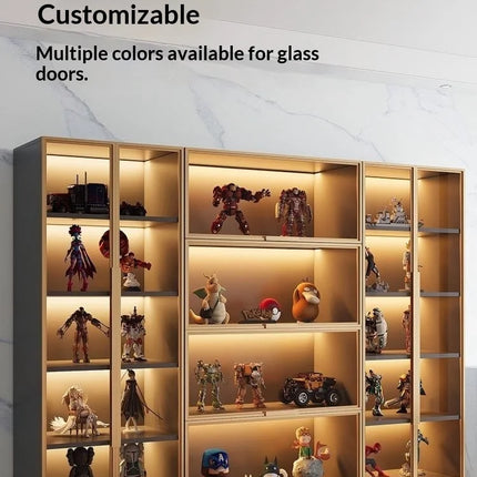Customizable Display Case with Tempered Glass Door, LED Light, Large Capacity, Multiple Compartments, Aluminum Frame, Eco-Friendly