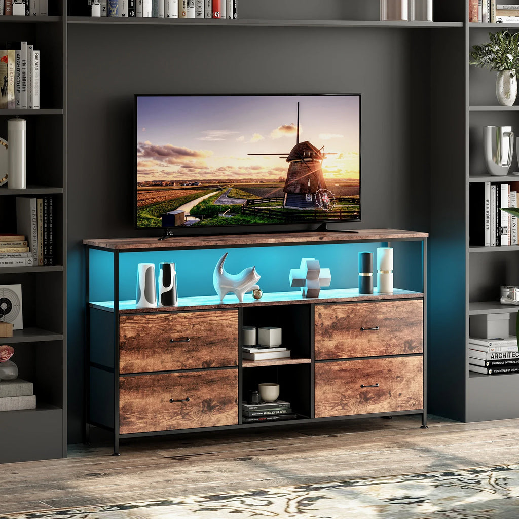 Mobiler TV-Ständer, TV-Tisch, TV-Möbel, mit LED-Beleuchtung und Stoffschubladen, Platte mit Tigerfellmuster, doppelter offener Stauraum und 4 Schubladen, zur Aufbewahrung von Elektrogeräten, DVDs, Büchern, für Wohnzimmer, Schlafzimmer