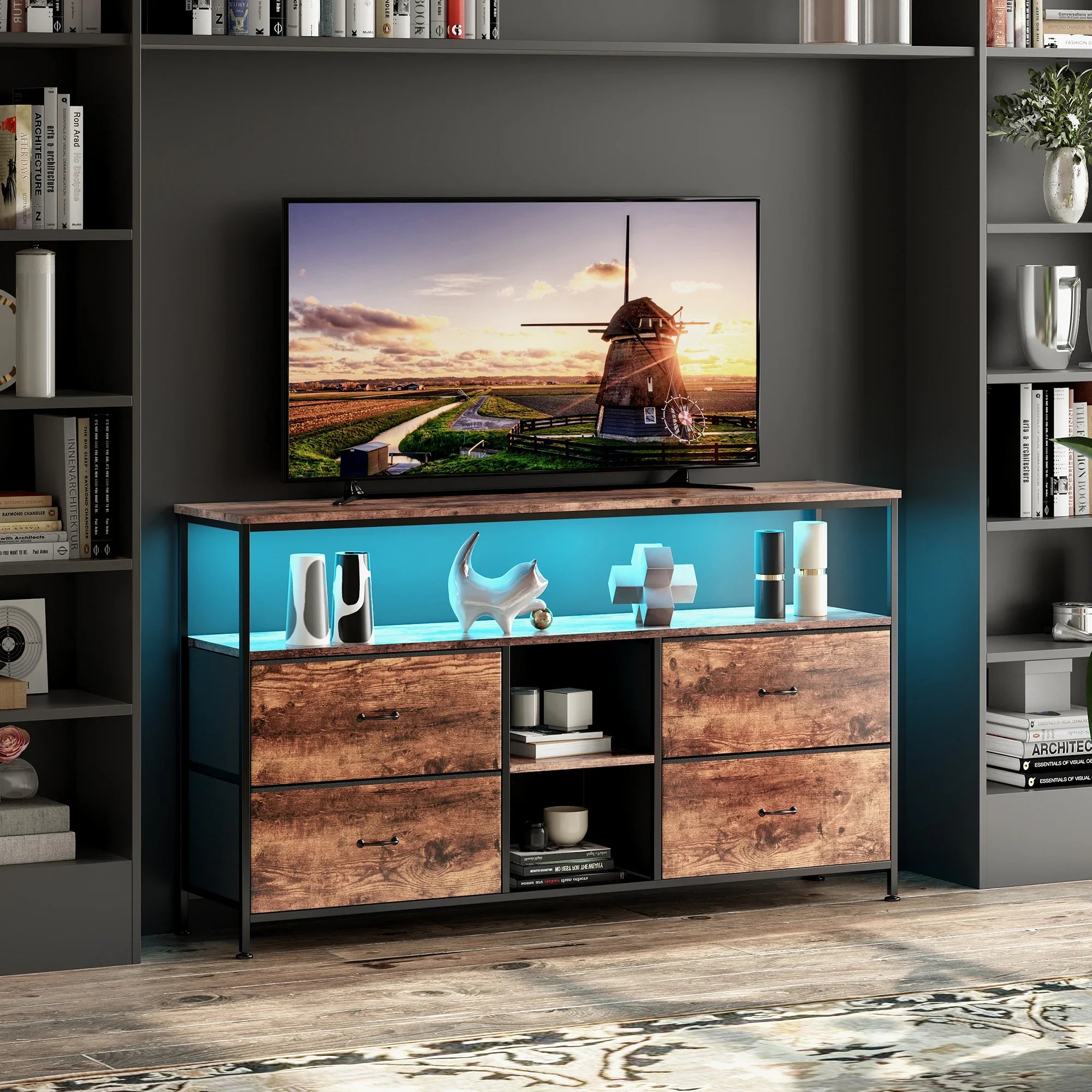 Mobiler TV-Ständer, TV-Tisch, TV-Möbel, mit LED-Beleuchtung und Stoffschubladen, Platte mit Tigerfellmuster, doppelter offener Stauraum und 4 Schubladen, zur Aufbewahrung von Elektrogeräten, DVDs, Büchern, für Wohnzimmer, Schlafzimmer