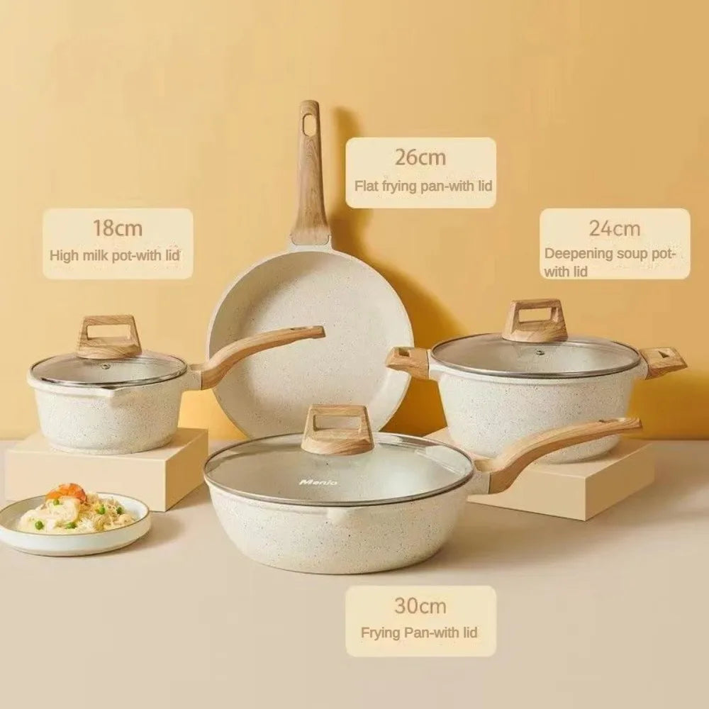 Set di 3-7 pentole e padelle Set di pentole antiaderenti Pentole a induzione in granito bianco Set da cucina antiaderente con padelle e casseruola