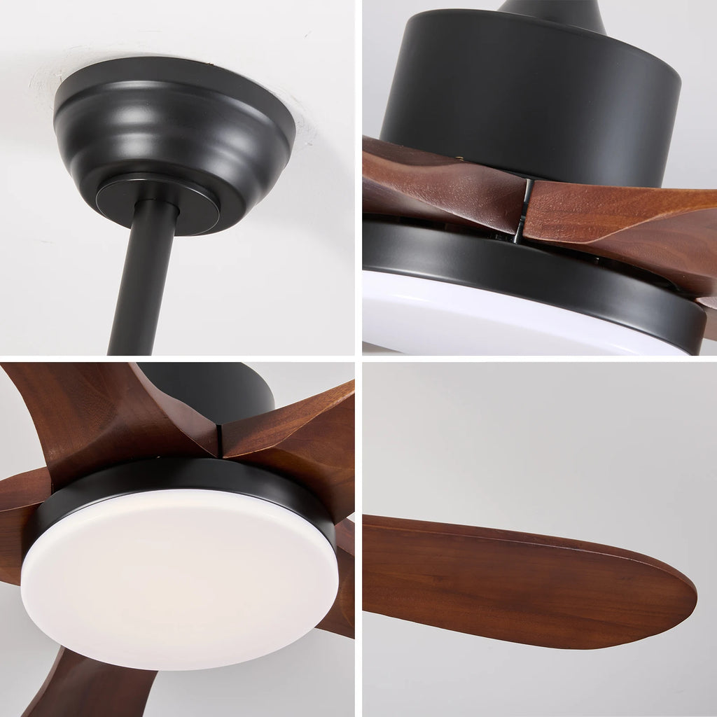 Ventilatore da soffitto da 132 cm con luce, reversibile, 6 velocità, LED da 30 W, telecomando, nero/marrone