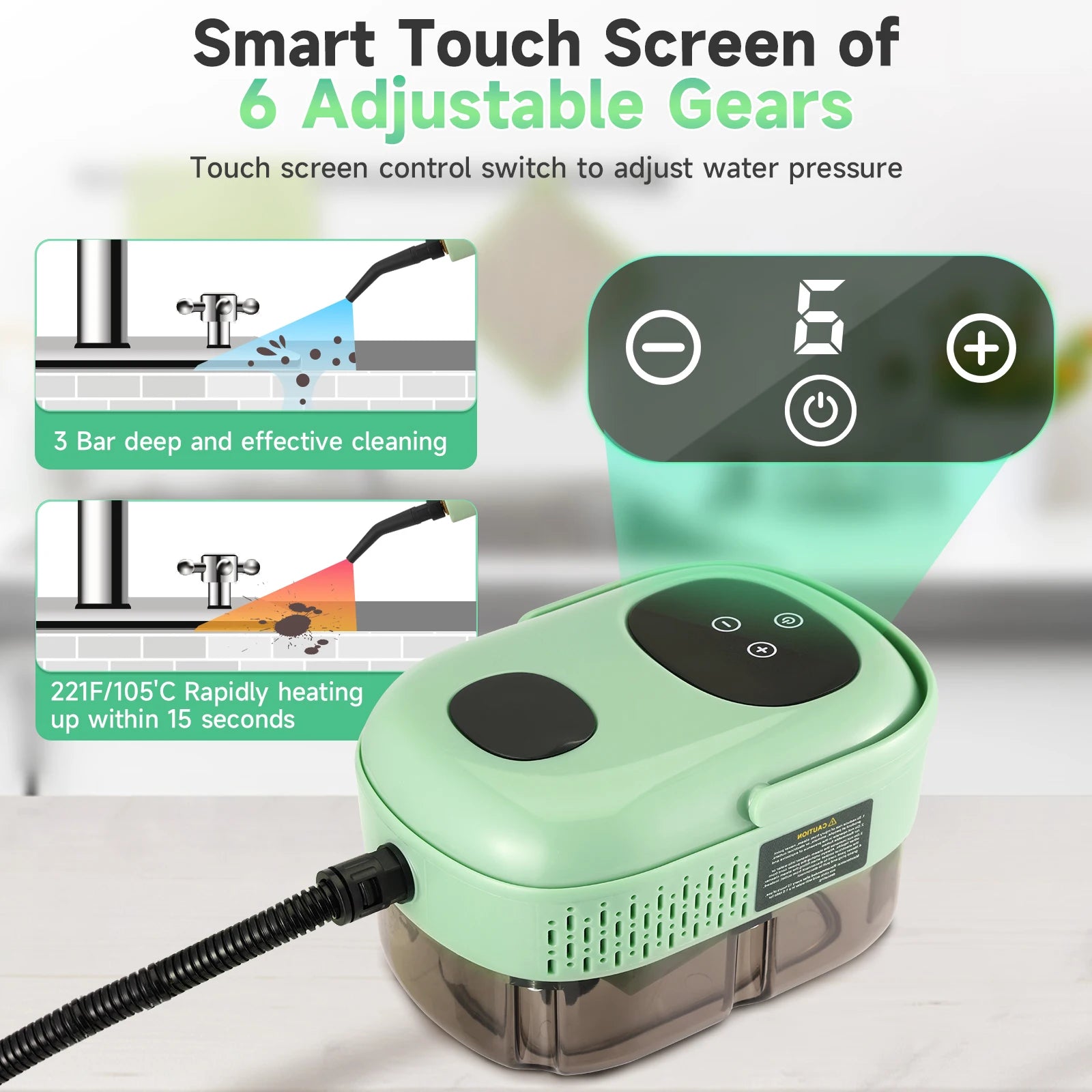 Handdampfreiniger 1100 ml mit Smart Touch, 3 Düsen, 2500 W hoher Leistung für die Auto- und Teppichreinigung