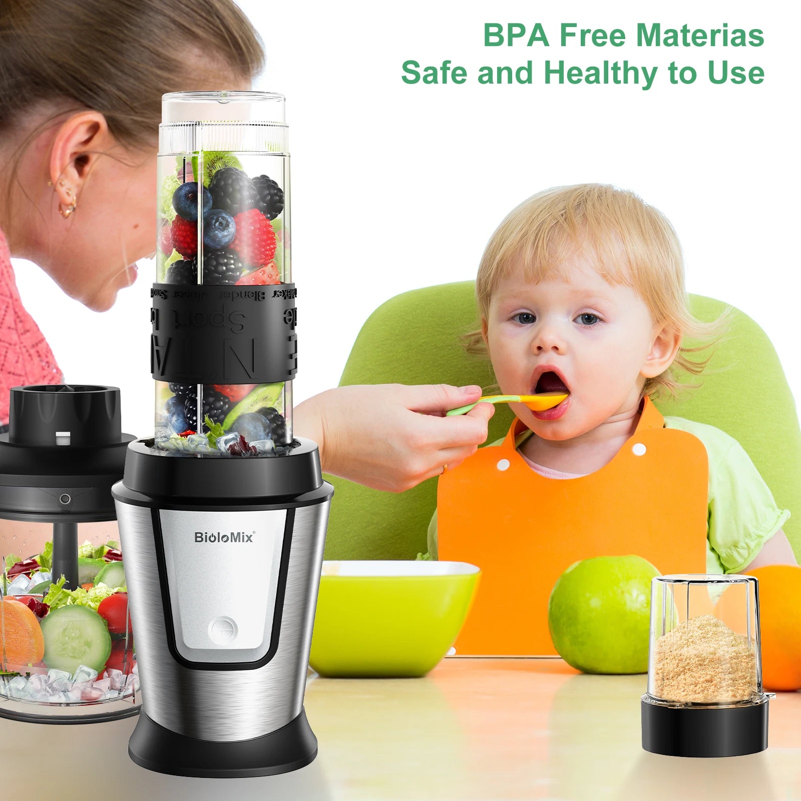 BioloMix 700W 3-in-1 Multifunktionaler tragbarer Küchenroboter Entsafter Mixer Smoothie Mixer Lebensmittelhacker Trockenmühle für die Küche