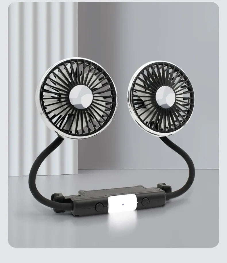 Ventilatore di raffreddamento per sedile auto EAFC a 3 velocità, ricarica USB, doppia testa, illuminazione LED, rotazione a 360 gradi, raffreddatore per il collo, per uso domestico e viaggi