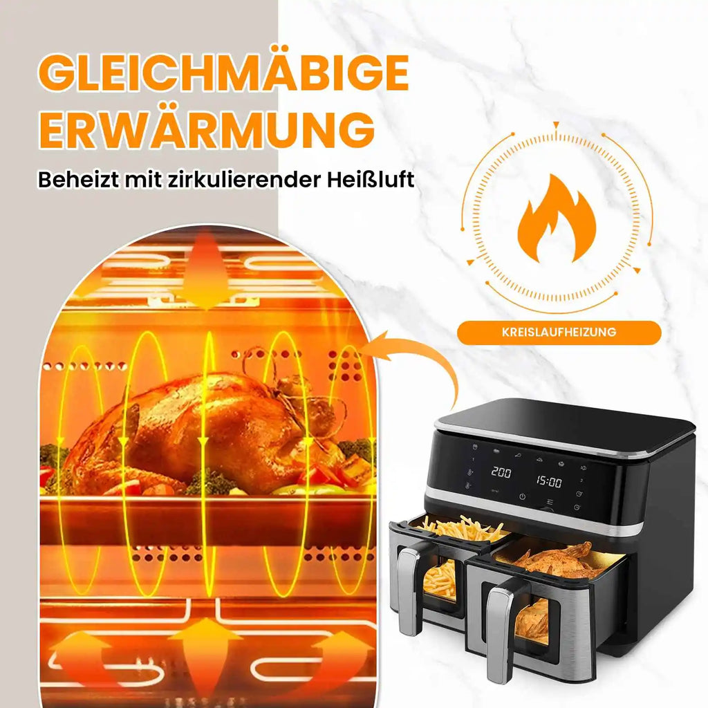8-Liter-Heißluftfritteuse mit Sichtfenster, ölfreie 1400-W-Luftfritteuse, digitales Touch-Display, 8 Programme und XXL-Kapazität