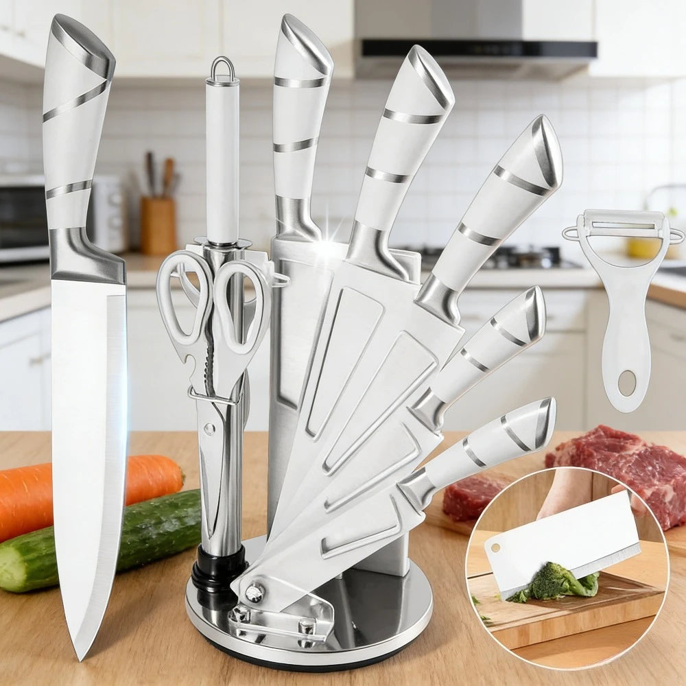 DIFITO 9-teiliges, minimalistisches, weißes Küchenmesser-Set mit hohlem 3Cr13-Stahlgriff, scharf, langlebig und rostbeständig, mit Messerblock, für Zuhause und als Geschenk