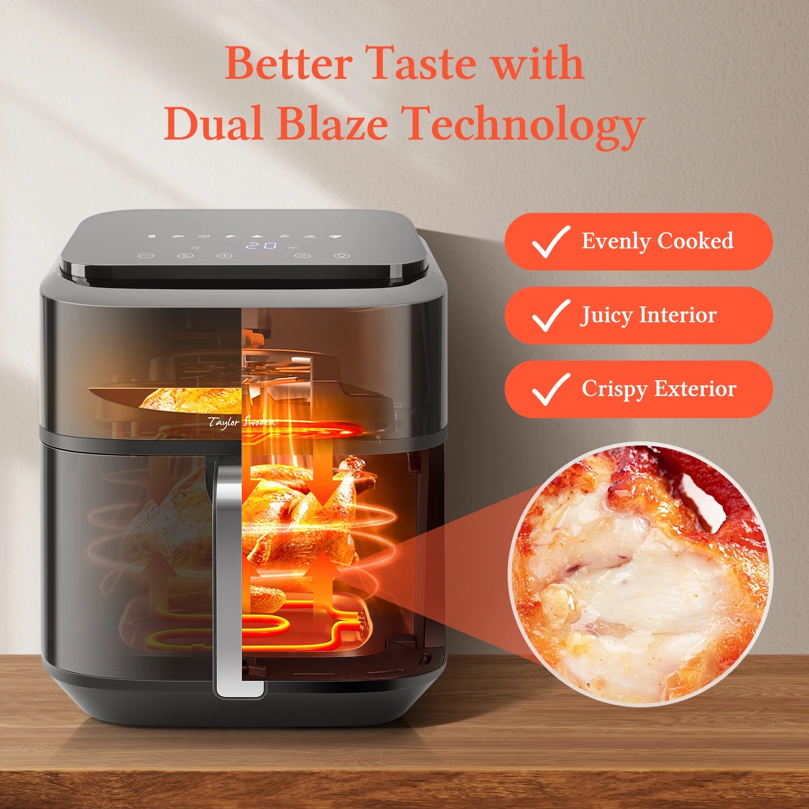 Friggitrice ad aria 6,5 L XXL doppia resistenza 8 funzioni finestra visualizzazione griglia antiaderente Taylor Swoden nera