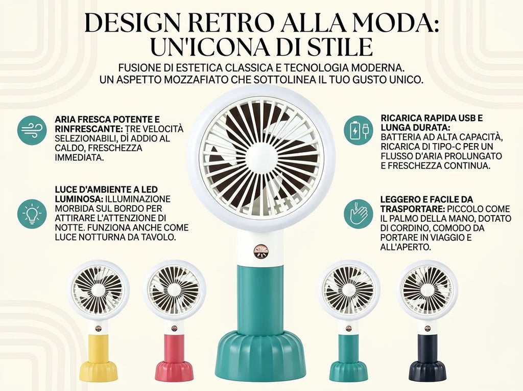 Retro Mini-Handventilator, wiederaufladbar über USB, 3 Windgeschwindigkeiten, batteriebetrieben, Tischventilator, geeignet für Zuhause, Büro, Schlafzimmer, Reisen und Outdoor.