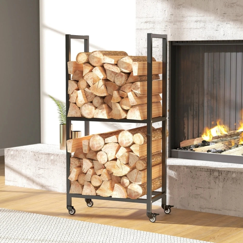 Kaminholzregal für Innenräume, aus Stahl, 60 x 30 x 119 cm, 2-stufiges Regal mit Rollen, schwarz