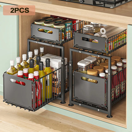Two-Tier Pull-Out Organizer for Under Sink, Adjustable Kitchen Shelf, Pull-Out Cabinet Organizer, Spice Rack