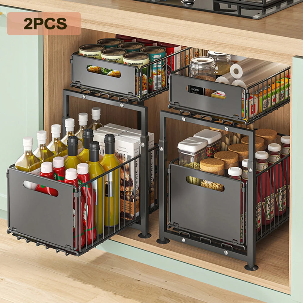 Organizzatore Estraibile a 2 Livelli per Sotto Lavello, Scaffale Regolabile per Cucina, Organizzatore Estraibile per Armadietto, Porta Spezie