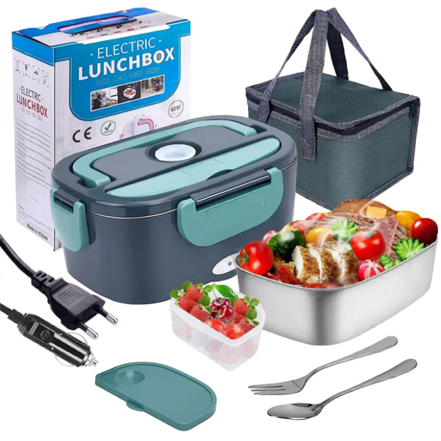 2-in-1 Elektrische Heizung Brotdose 1.5L für Zuhause und Auto 220V 60W Tragbarer Edelstahl Essensbehälter Bento Box