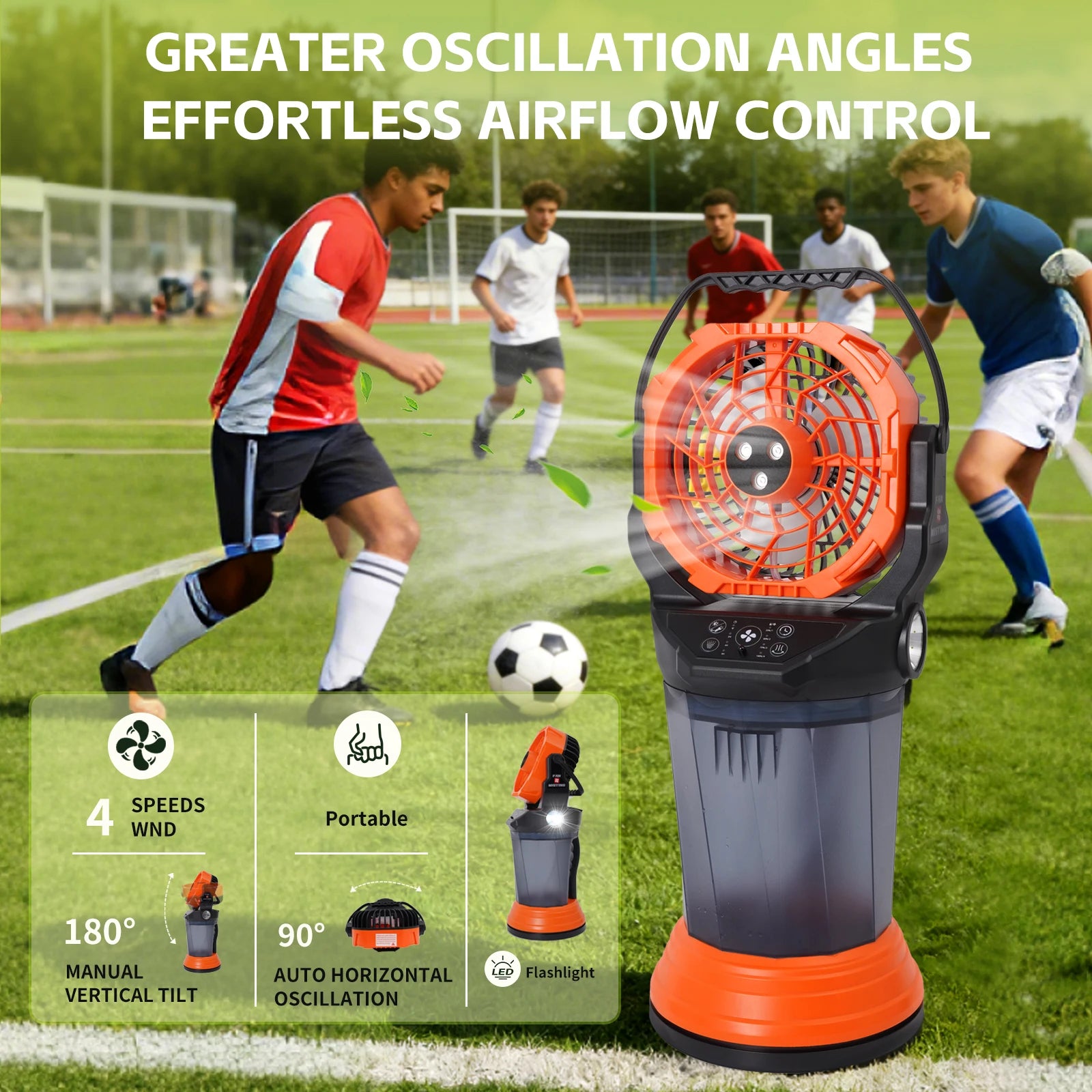 Ventilatore Nebulizzatore da Campeggio per Esterni con Lanterna, Spray Nano ABS+PP, 15000mAh, 2000ml, Torcia LED RGB Brushless, 4 Velocità, Verde/Arancione/Nero