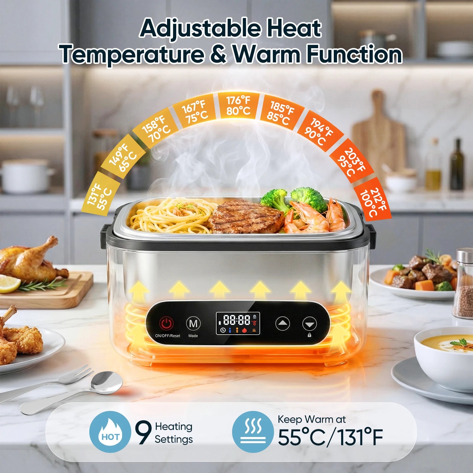 Tragbarer kabelloser Speisenwärmer 100/80/60W, schnelle Erwärmung, große Kapazität 1/1.2L, 4 Heizmodi mit Timer, 12000mAh für Büro und Reisen