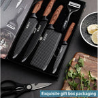 Set di 6 Coltelli da Cucina ZENG con Lame Affilate Antiaderenti, Manico Ergonomico in Legno, Set Completo per Cucinare e Tagliare