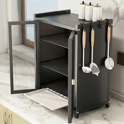 Mobiletto da cucina a 2/3 livelli con ante a ribalta, scaffale per microonde, porta spezie e bottiglie, porta piatti con cassetto a ribalta
