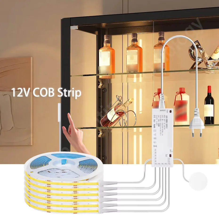 Striscia LED COB 12V 320LED/m dimmerabile con tocco in legno penetrabile e sensore di movimento per cucina/guarda-roupa/vetrina/arredamento dell'armadio