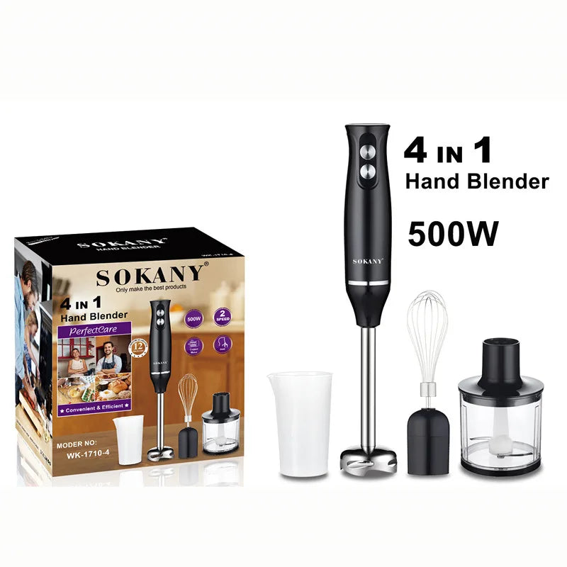 Edelstahl 4-in-1 Stabmixer Set, Handmixer, Gemüseschneider und Fleischwolf, Smoothie Maker