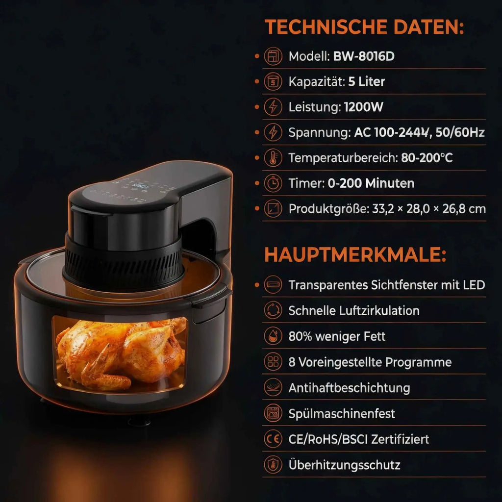 5-Liter-Heißluftfritteuse mit Sichtfenster und LED, 1200 W, 8 Programme, 80-200 °C, Multifunktion zum Frittieren, Grillen und Backen.