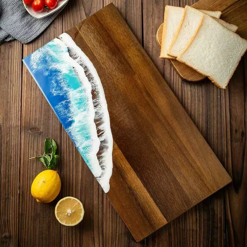 Akazienholz-Schneidebrett mit Epoxidharz im Ozeanwellen-Design, für Küchenzubereitungen und Käseplatten, für Wurstwaren, Challah-Schneidebrett