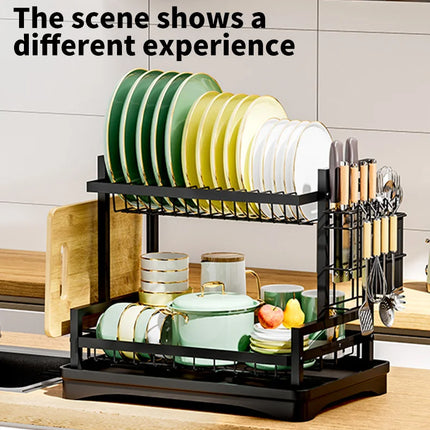 Space-saving 2-tier dish rack with cutlery holder and storage box with removable drip tray for apartment kitchen